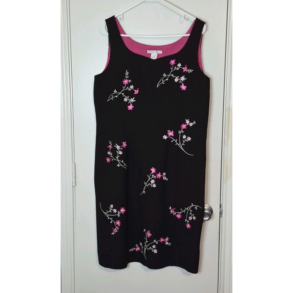 Vintage Jillian Jones 12 Black Pink Floral Embroidered Sheath Midi Dress Boho